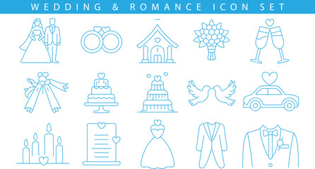 Wedding and Romance Icon Set in Blue Line Style