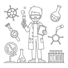 Young Scientist Surrounded by Lab Equipment and Symbols