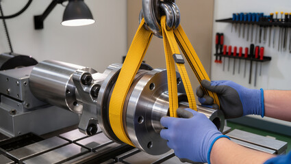 Hands in protective gloves securing yellow lifting straps on a heavy cylindrical metal part with a flange in a workshop, highlighting safe handling, precision
