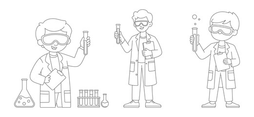Cartoon Scientists with Lab Equipment Line Drawing