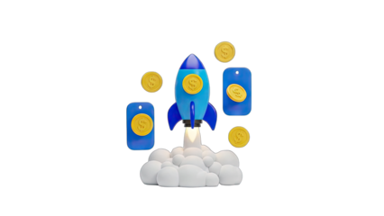 Blue Rocket Launching With Gold Coins and Digital Tags on Transparent Background Ideal for Cryptocurrency and Business Growth Concepts