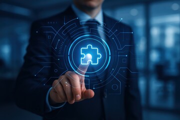 Unlocking the Puzzle: A poised professional in a tailored suit interacts with a digital puzzle piece icon, symbolizing problem-solving and innovation in the tech world.