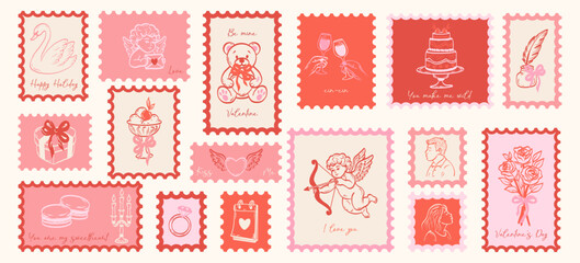 Vintage set hand drawn Valentine day stickers and postmark. Holiday romantic stamps. Cute girly bows,hearts, ribbons, champagne, strawberry. Vector.
