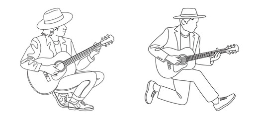 Guitar Player Line Art in Squatting and Kneeling Poses