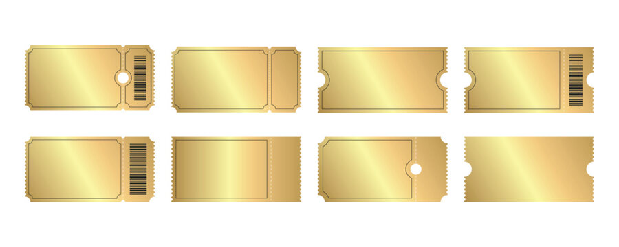 Vector set of Luxury Golden Ticket Templates. Empty Coupon in Gold and Black Colors. Admit One sign. Invite ticket or Pass. Vector illustration.