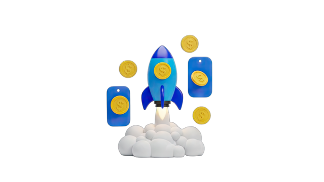 Blue Rocket Launching With Gold Coins and Digital Tags on Transparent Background Ideal for Cryptocurrency and Business Growth Concepts - Powered by Adobe