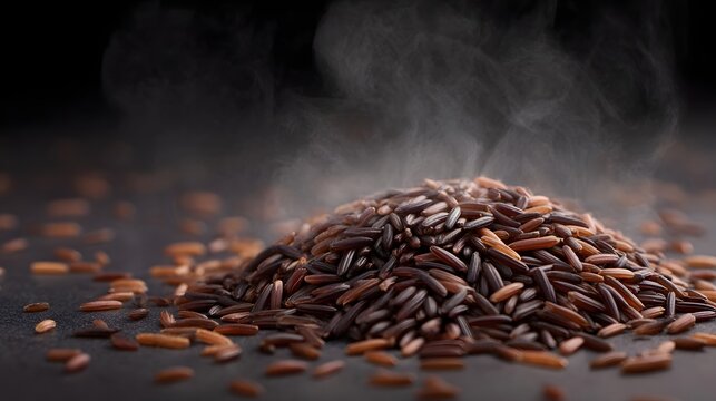 Close up of a steaming pile of dark wild rice grains with scattered uncooked kernels on a dark textured surface evoking warmth and aroma - Powered by Adobe