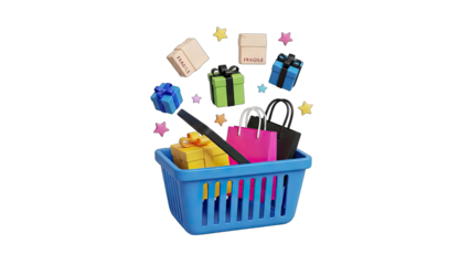 Blue Shopping Basket Overflowing with Colorful Gifts and Shopping Bags Surrounded by Falling Stars and Boxes Against a Transparent Background Perfect for E-commerce and Celebration Themes