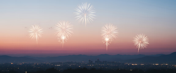 A refined minimalist scene showing a distant city silhouette under a soft night sky with glowing bokeh fireworks, creating a subtle atmospheric highlight without depicting real events.