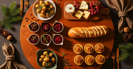 A styled overhead scene of a rustic New Year table decorated with simple festive foods and natural elements, presented with warm tones and balanced details to create a clean, inviting atmosphere.