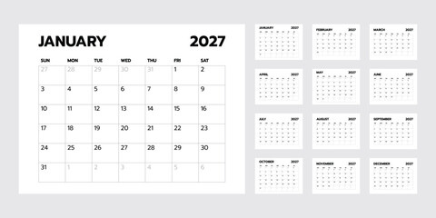Calendar 2027 template modern vector design. Week start sunday.