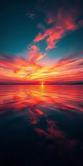 Fototapeta premium A sweeping view of water reflecting the fiery colors of the setting sun, creating a mirror image, landscape, panorama
