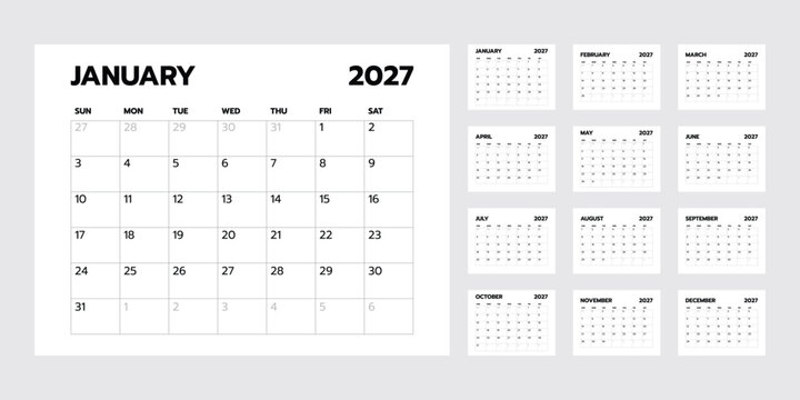 Calendar 2027 template modern vector design. Week start sunday.