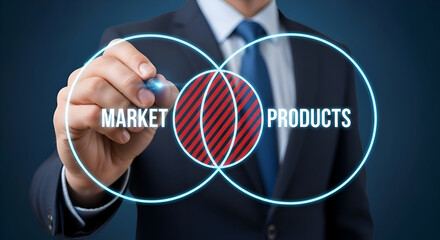 Businessman drawing market and products venn diagram with glowing blue lines and red overlapping section on dark background