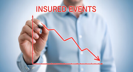 Man drawing downward trending line graph with marker representing insured events and risk analysis in business
