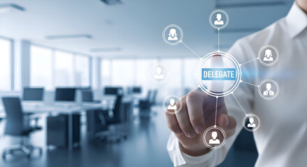 Businessman interacting with digital interface displaying delegate network in modern office space with blurred background
