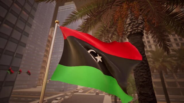 Libyan national flag waving with warm morning sunlight illuminating buildings, palm trees and active streets in a modern urban district.
