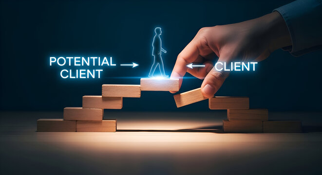 Hand placing wooden block to connect potential client to client with glowing blue silhouette and arrows on dark background with stairs - Powered by Adobe