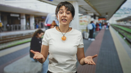 Woman with short hair, open palms and orange pendant gesturing while speaking while wearing a white tshirt on a crowded train station platform; explanation confusion.