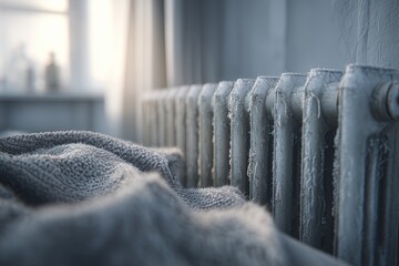Frozen home radiator with frost texture and a warm blanket, symbolizing heating outages and winter energy crisis.