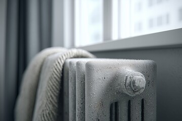 Frozen home radiator with frost texture and a warm blanket, symbolizing heating outages and winter energy crisis.