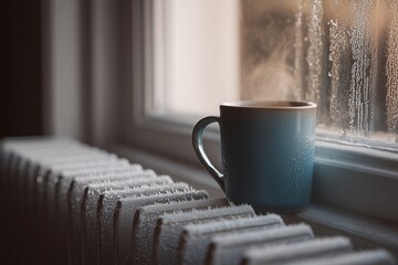 Frozen home radiator with frost texture and a warm blanket, symbolizing heating outages and winter energy crisis.
