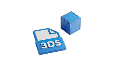 Blue 3DS File Icon and Cube on Transparent Background Represents 3D Modeling and Digital Design