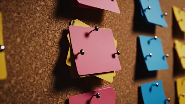 Close-up of a corkboard with colorful sticky notes pinned in a neat grid, under warm light. Warm hue