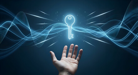 Glowing blue key hovers above outstretched hand with swirling neon light waves and motion lines on dark background emphasizing technology and innovation