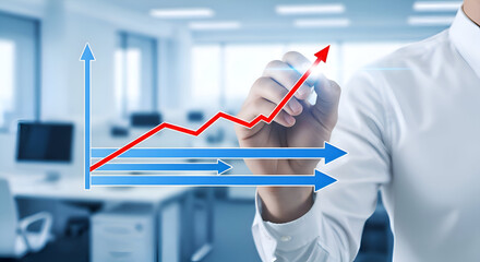 Businessman drawing red upward trend line graph with blue arrows in modern office background