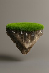 Floating island with green moss and rocky terrain against a neutral background