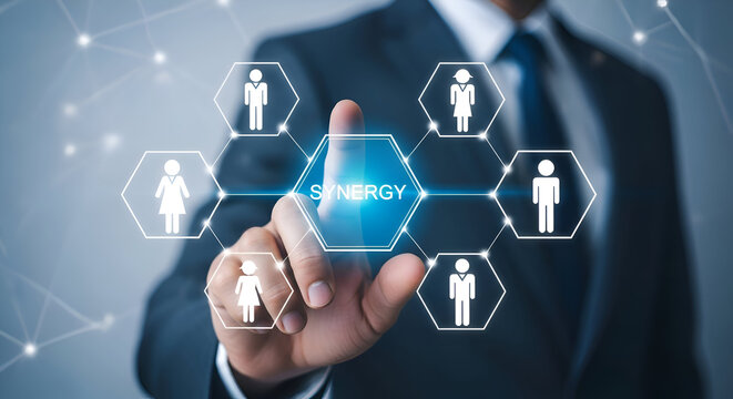 Businessman in suit interacting with glowing synergy network diagram on finger touch with six human icons representing teamwork and collaboration in a professional setting with modern - Powered by Adobe