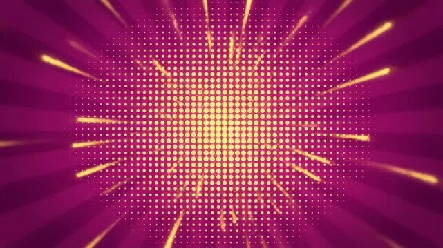Abstract comic book style background with yellow light burst and halftone dot pattern on magenta ray