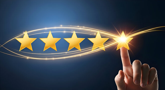 Hand touching glowing five star rating with finger on dark blue background with golden stars and sparkling light effects