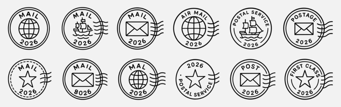 Postal stamp set with mail themed icons. Each stamp shows clean line work with classic postmark elements
