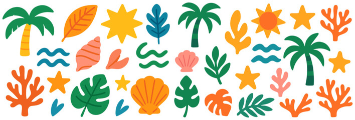Obraz premium Tropical elements with palms, shells and leaves. Bright shapes create warm beach feeling
