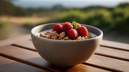 A healthy granola bowl with fresh strawberries sits on a rustic wooden table outdoors bathed in sunlight