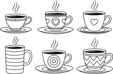Set of decorative coffee cups and mugs illustration with unique patterns, perfect for cafe branding, menu design, and kitchen artwork