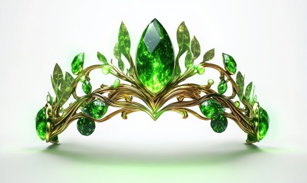 Gold tiara with green gems and leaf accents for royalty or fantasy