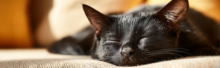 Black Cat Sleeping on Sofa in Bright Living Room