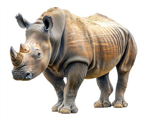 Fototapeta premium Rhino Large, grey-brown rhinoceros with two horns, standing isolated