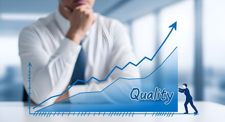 Businessman analyzing quality improvement graph with rising trend arrow in modern office setting with graphic overlay