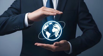 Businessman in suit holding a glowing digital globe with orbiting path in hands against a blue background