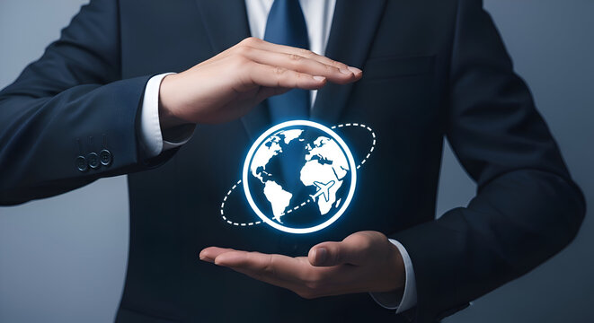 Businessman in suit holding a glowing digital globe with orbiting path in hands against a blue background - Powered by Adobe
