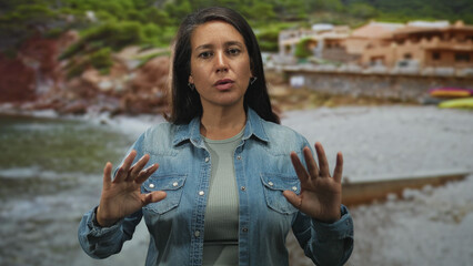 Woman middle age brunette hispanic with hands open palms out gesturing toward camera in studio with...