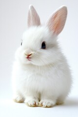 Small, fluffy white rabbit sits attentively against a bright white background