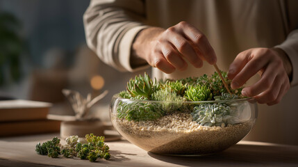 A miniature gardener arranging tiny succulents and gravel in a palm-sized terrarium, soft morning light highlighting the serene micro-landscape — zen-inspired decor and small-scale botanical