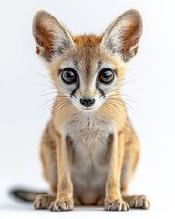 Naklejka premium Small, tan fox sits facing forward with large eyes and big ears, on white