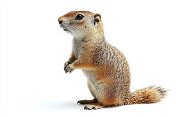 Fototapeta premium Small squirrel standing upright, looking left, isolated on a pure white background