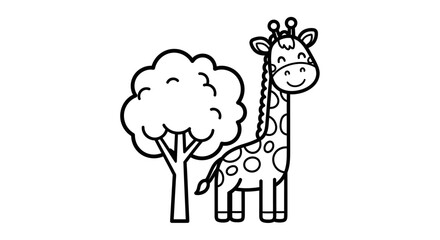 Happy Spotted Giraffe Standing Next to a Tree, Cheerful Safari Animal on Isolated White Background